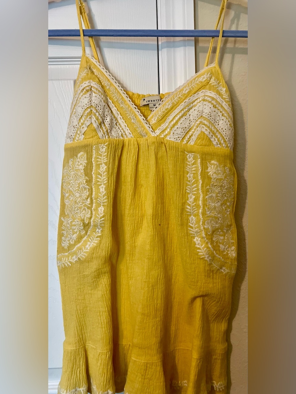 Twenty Yellow Embroidered Midi Dress with White Lace Bodice